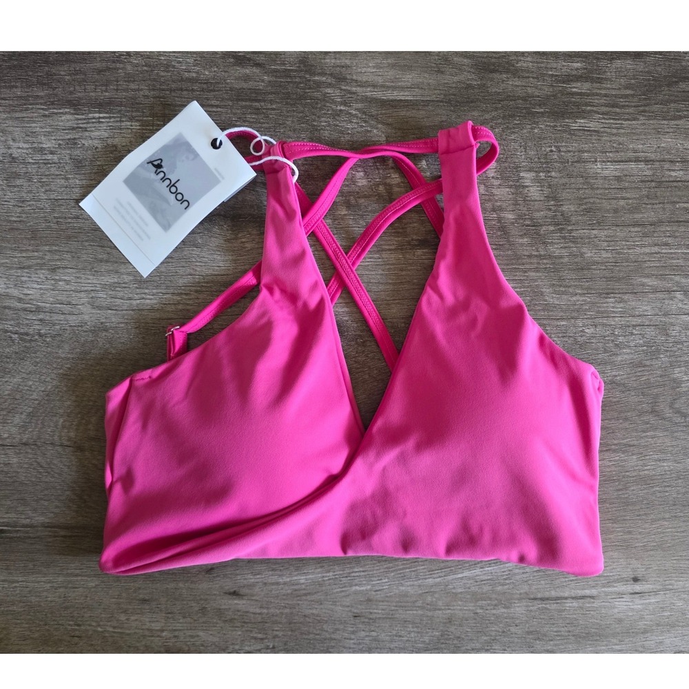 Annbon Hot Pink Strappy Criss Cross Back V-Neck Sports Bra Bikini Top XS NWT